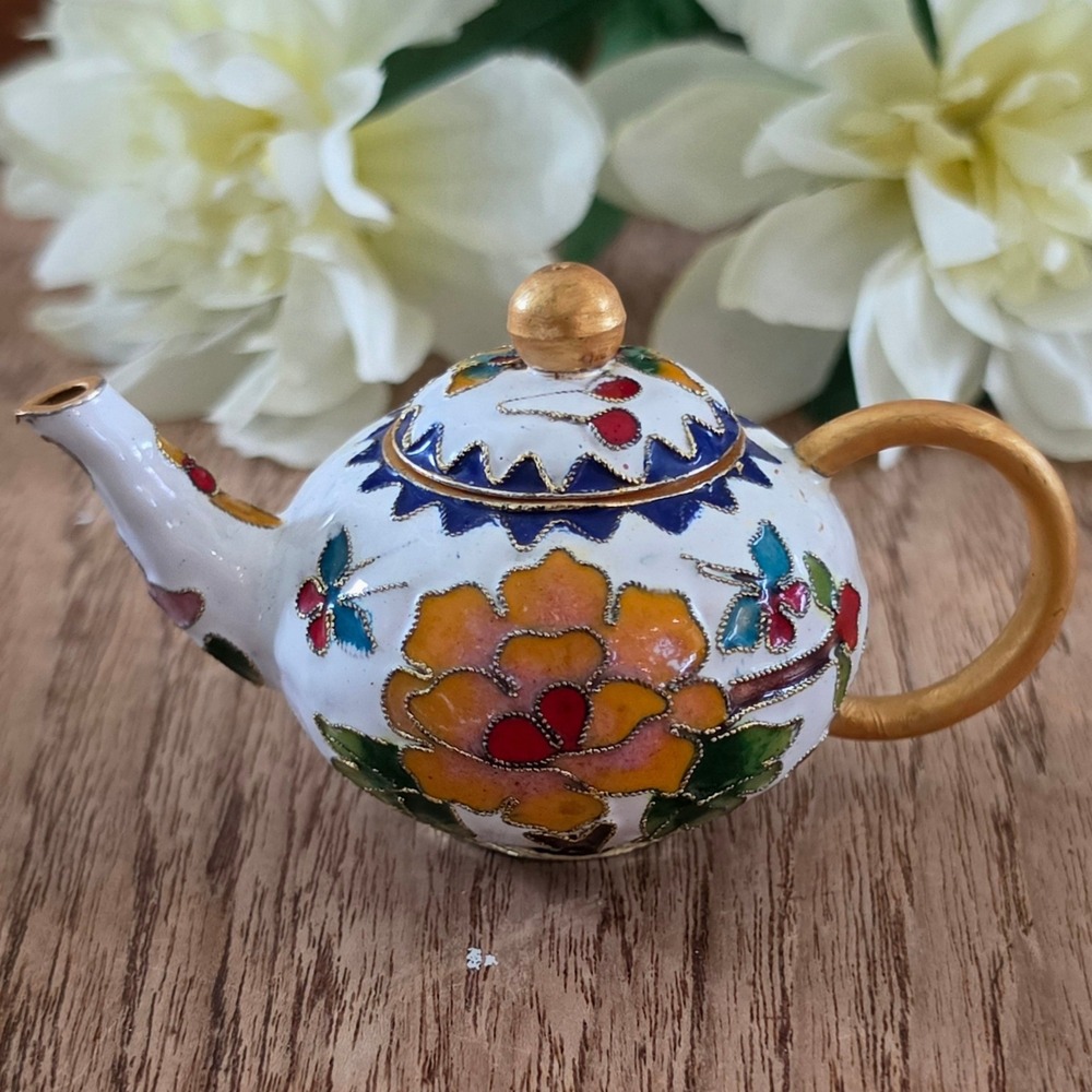 Vintage Miniature Cloisonne White Enamel Teapot 2"